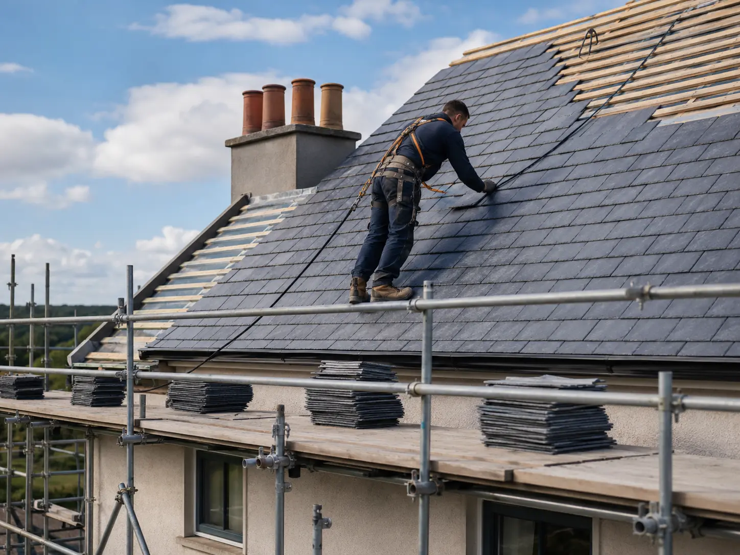 Slate roof being laid
