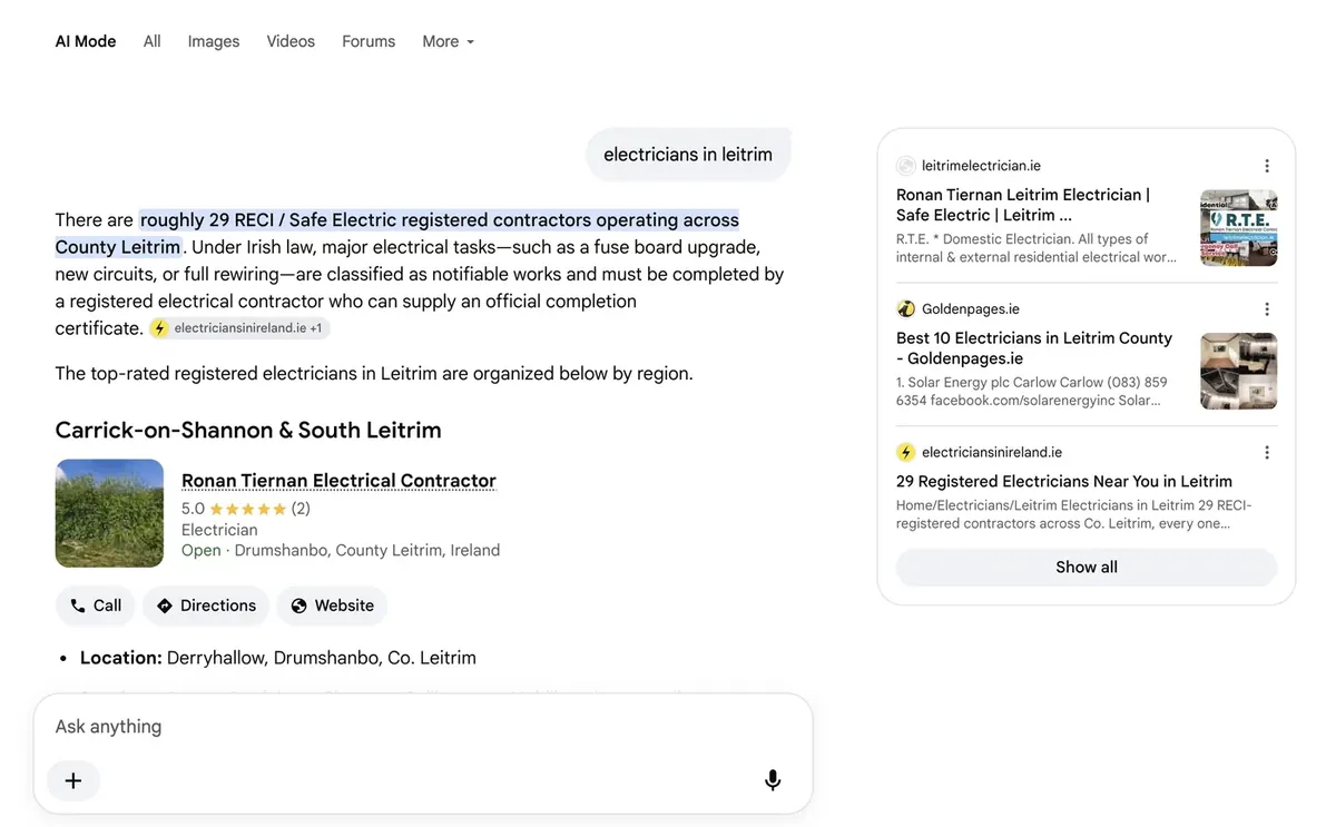 Google AI answer citing electriciansinireland.ie for electrical work in an Irish county