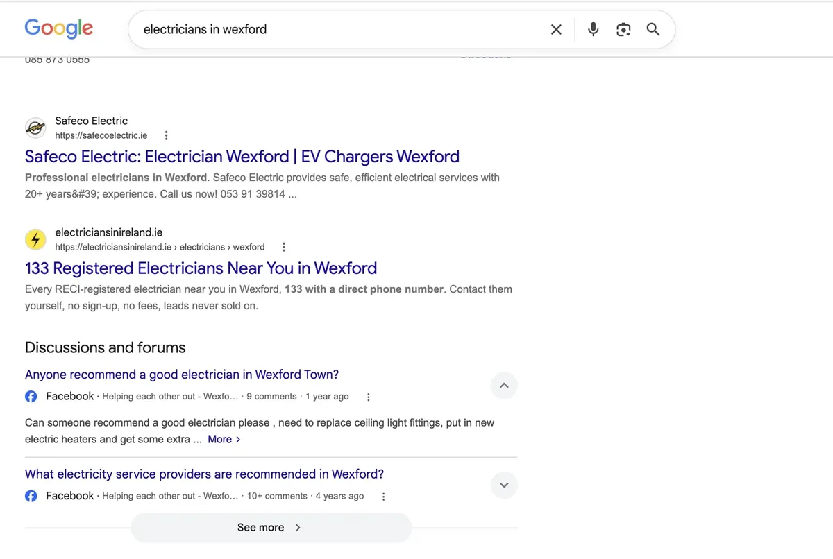 electriciansinireland.ie on page one of Google for electricians in Wexford