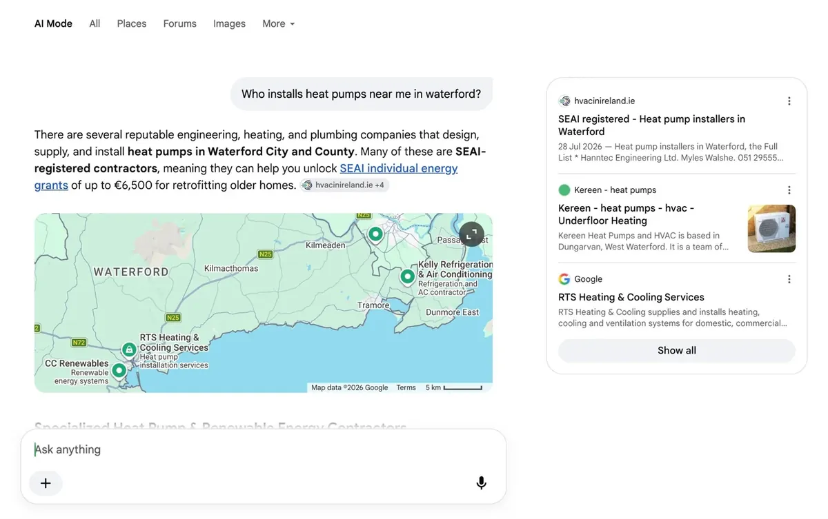 Google AI Mode citing hvacinireland.ie when asked who installs heat pumps in Waterford. Captured, not mocked.