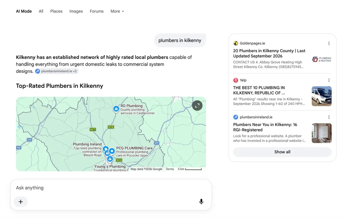 Google AI answer citing plumbersinireland.ie for plumbing in an Irish county