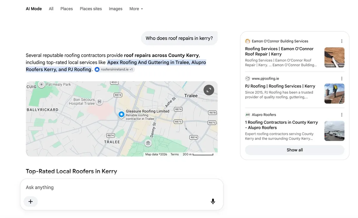 Google AI answer citing roofersinireland.ie for roofing in an Irish county